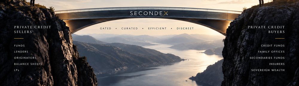 A bridge spanning two cliffs, with private credit sellers on one side and private credit buyers on the other.