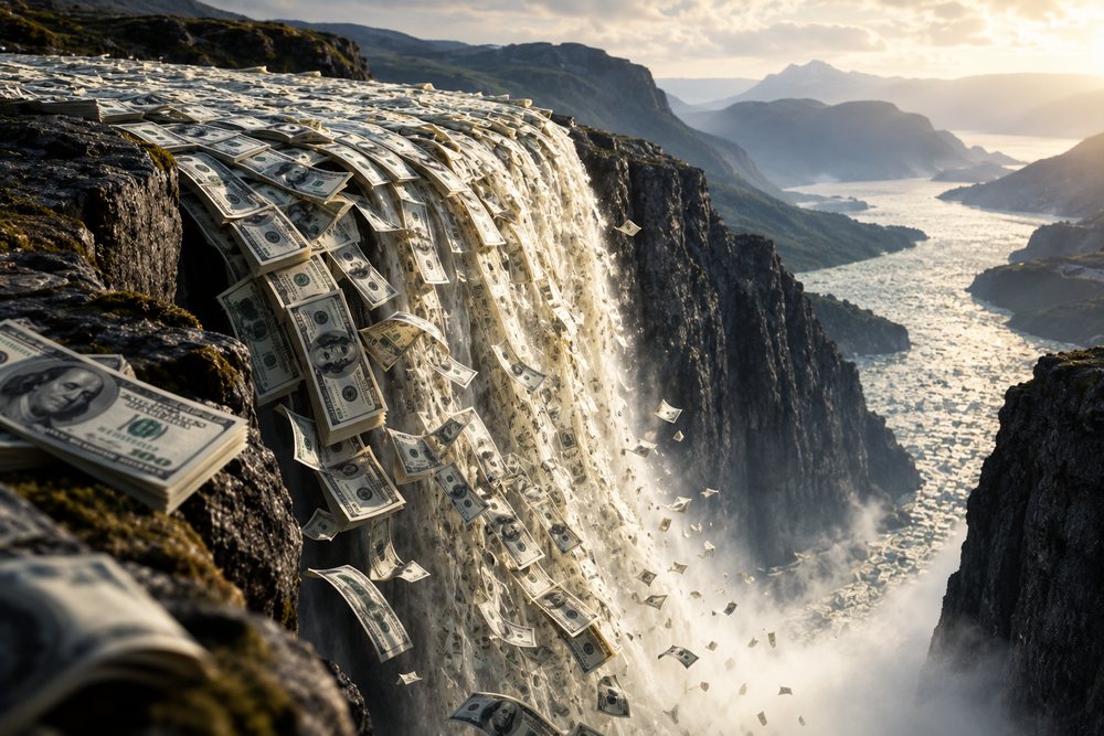 Banknotes cascading over a cliff edge into a valley — capital under liquidity pressure.